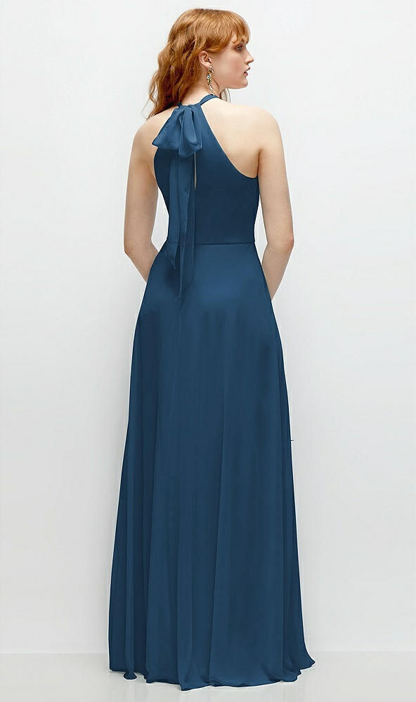 Back View - Dusk Blue Shirred Halter Chiffon Maxi Dress with Back Sash-Tie Closure