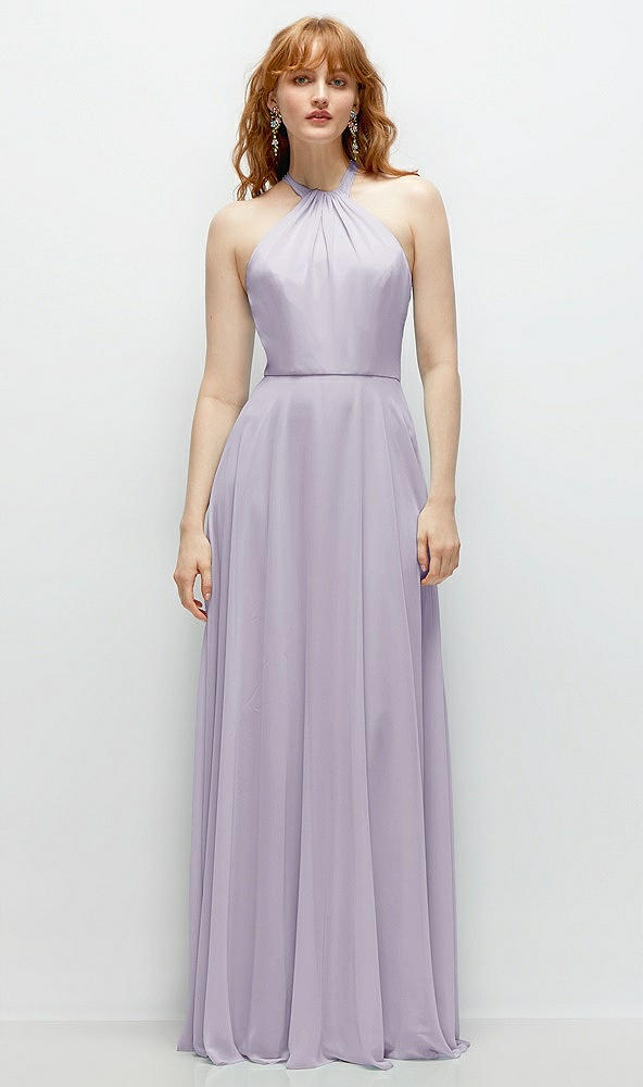 Front View - Moondance Shirred Halter Chiffon Maxi Dress with Back Sash-Tie Closure