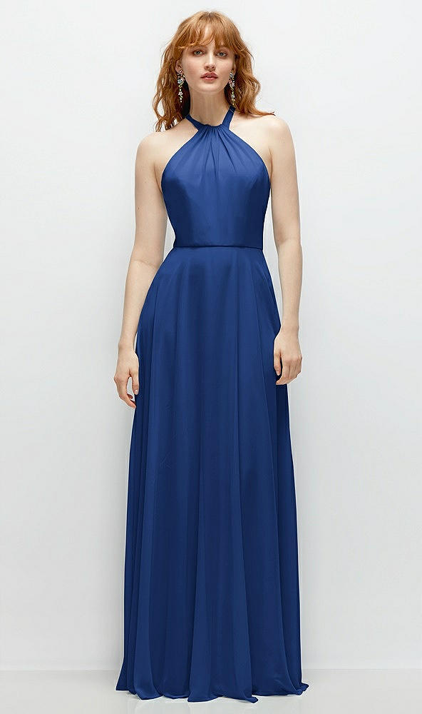 Front View - Classic Blue Shirred Halter Chiffon Maxi Dress with Back Sash-Tie Closure