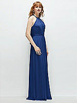 Side View Thumbnail - Classic Blue Shirred Halter Chiffon Maxi Dress with Back Sash-Tie Closure