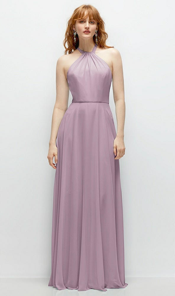 Front View - Suede Rose Shirred Halter Chiffon Maxi Dress with Back Sash-Tie Closure