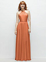 Front View Thumbnail - Sweet Melon Shirred Halter Chiffon Maxi Dress with Back Sash-Tie Closure