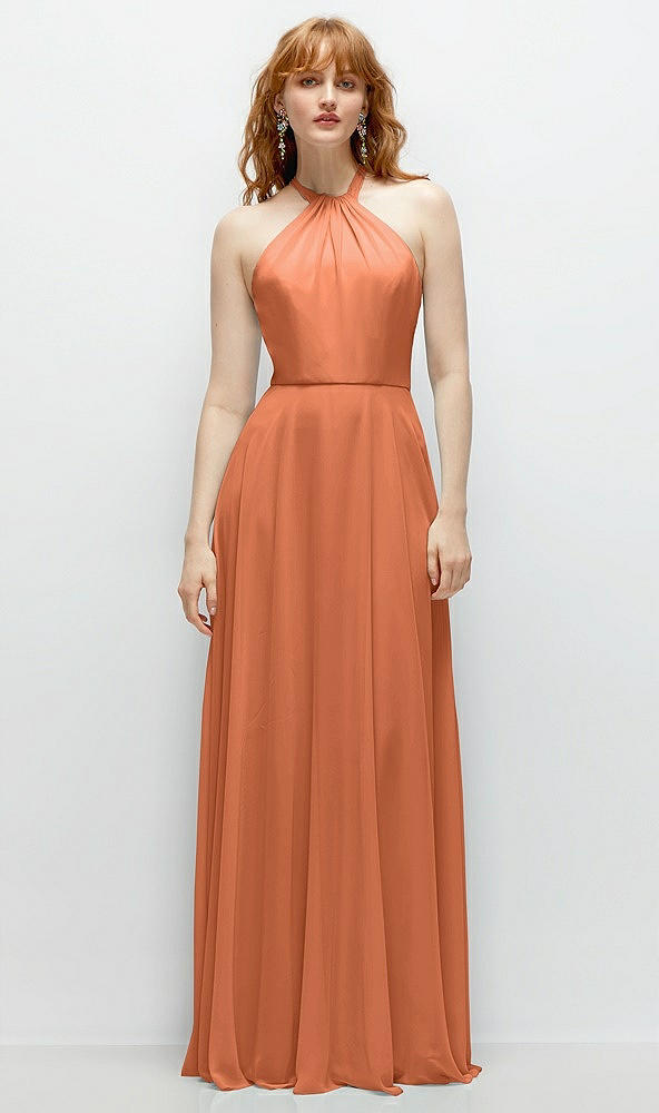 Front View - Sweet Melon Shirred Halter Chiffon Maxi Dress with Back Sash-Tie Closure