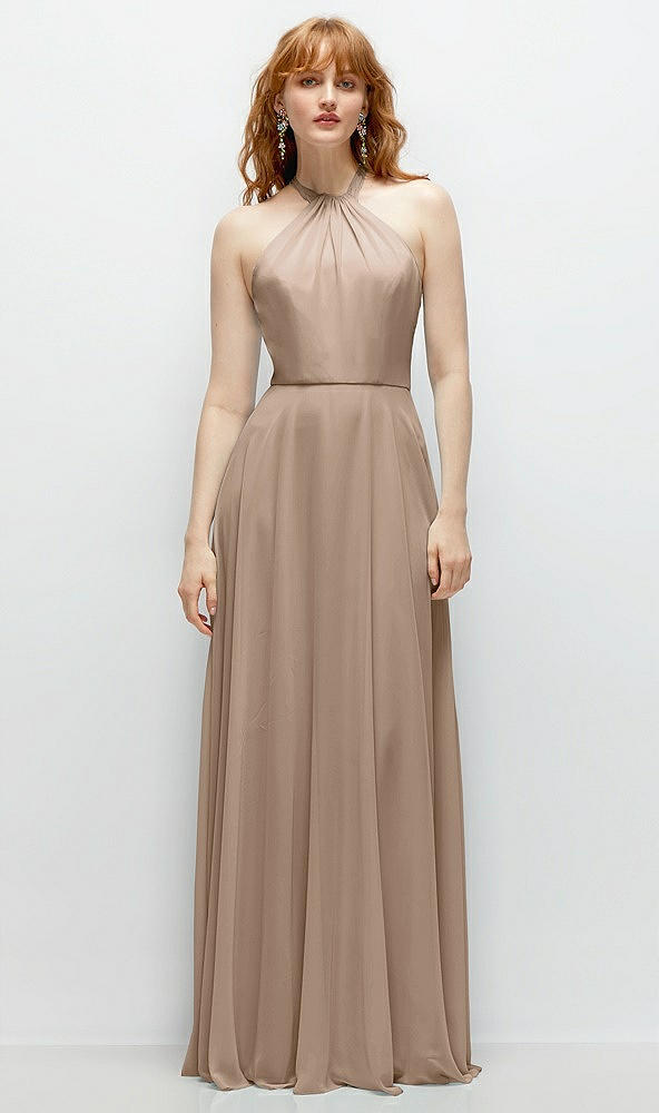 Front View - Topaz Shirred Halter Chiffon Maxi Dress with Back Sash-Tie Closure