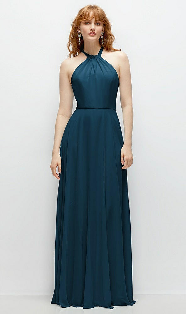 Front View - Atlantic Blue Shirred Halter Chiffon Maxi Dress with Back Sash-Tie Closure