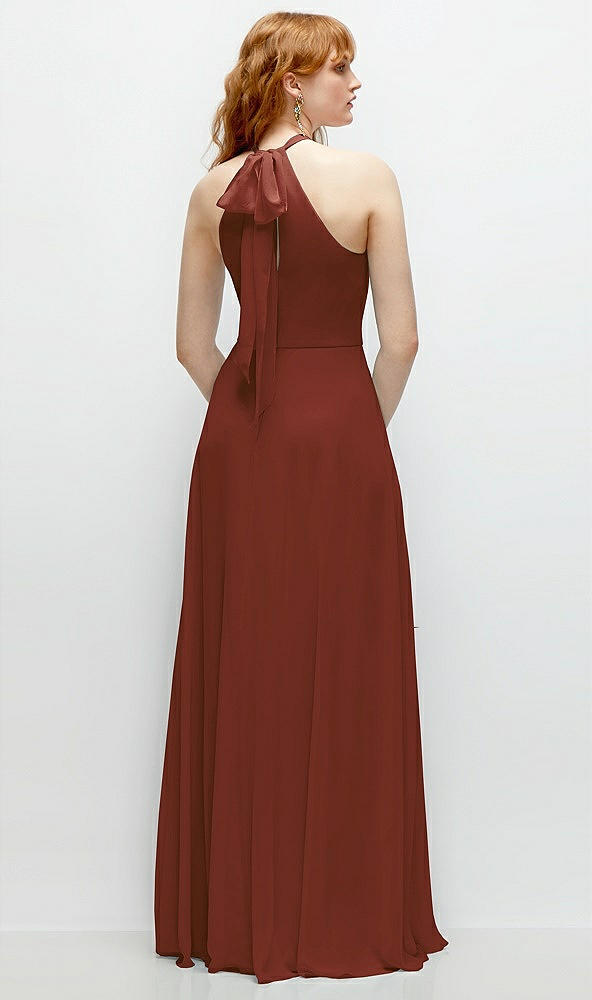 Back View - Auburn Moon Shirred Halter Chiffon Maxi Dress with Back Sash-Tie Closure