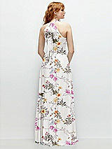 Rear View Thumbnail - Butterfly Botanica Ivory Shirred Halter Chiffon Maxi Dress with Back Sash-Tie Closure