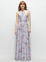 Front View Thumbnail - Butterfly Botanica Silver Dove Shirred Halter Chiffon Maxi Dress with Back Sash-Tie Closure