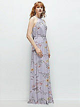 Side View Thumbnail - Butterfly Botanica Silver Dove Shirred Halter Chiffon Maxi Dress with Back Sash-Tie Closure