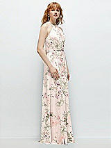 Side View Thumbnail - Blush Garden Shirred Halter Chiffon Maxi Dress with Back Sash-Tie Closure