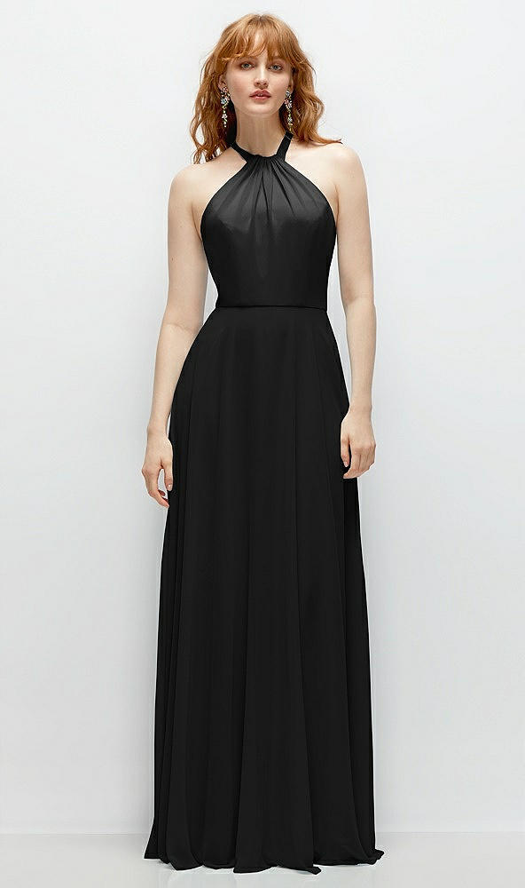 Front View - Black Shirred Halter Chiffon Maxi Dress with Back Sash-Tie Closure