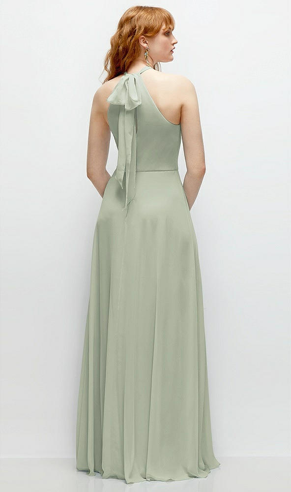 Back View - Celadon Shirred Halter Chiffon Maxi Dress with Back Sash-Tie Closure