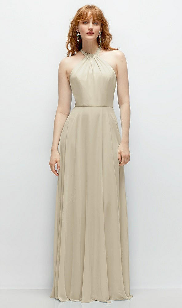 Front View - Champagne Shirred Halter Chiffon Maxi Dress with Back Sash-Tie Closure