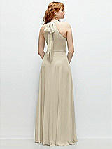 Rear View Thumbnail - Champagne Shirred Halter Chiffon Maxi Dress with Back Sash-Tie Closure