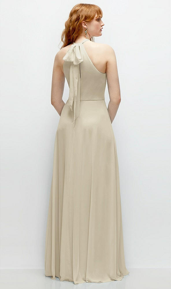 Back View - Champagne Shirred Halter Chiffon Maxi Dress with Back Sash-Tie Closure