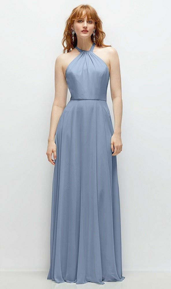 Front View - Cloudy Shirred Halter Chiffon Maxi Dress with Back Sash-Tie Closure