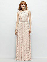 Front View Thumbnail - Coquette Floral Print Shirred Halter Chiffon Maxi Dress with Back Sash-Tie Closure