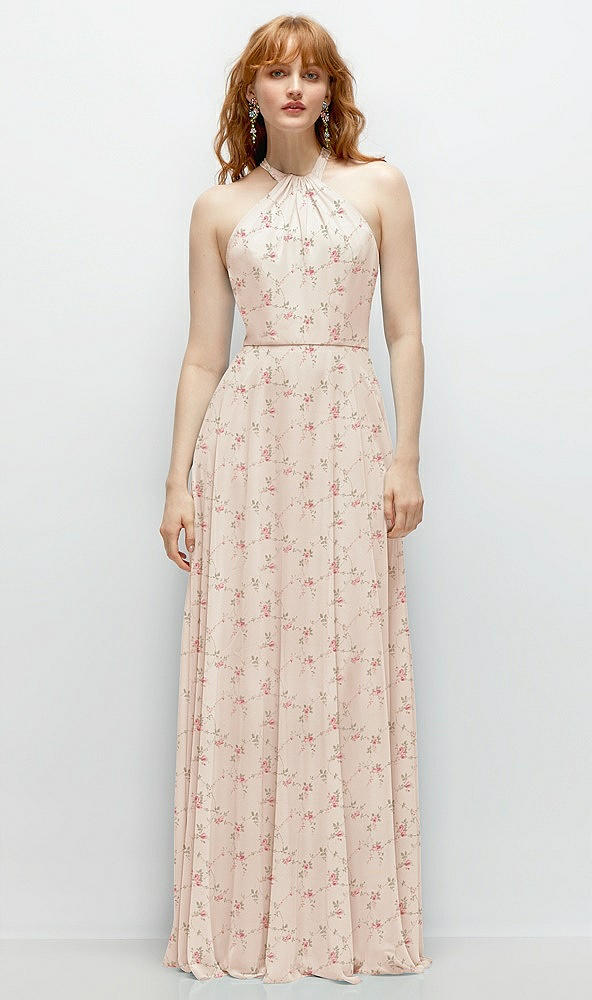 Front View - Coquette Floral Print Shirred Halter Chiffon Maxi Dress with Back Sash-Tie Closure