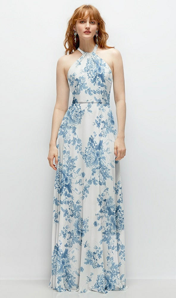 Front View - Cottage Rose Dusk Blue Shirred Halter Chiffon Maxi Dress with Back Sash-Tie Closure