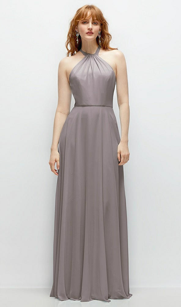 Front View - Cashmere Gray Shirred Halter Chiffon Maxi Dress with Back Sash-Tie Closure