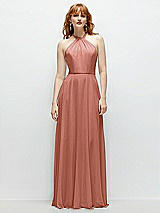 Front View Thumbnail - Desert Rose Shirred Halter Chiffon Maxi Dress with Back Sash-Tie Closure