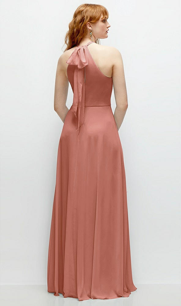 Back View - Desert Rose Shirred Halter Chiffon Maxi Dress with Back Sash-Tie Closure