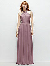 Front View Thumbnail - Dusty Rose Shirred Halter Chiffon Maxi Dress with Back Sash-Tie Closure