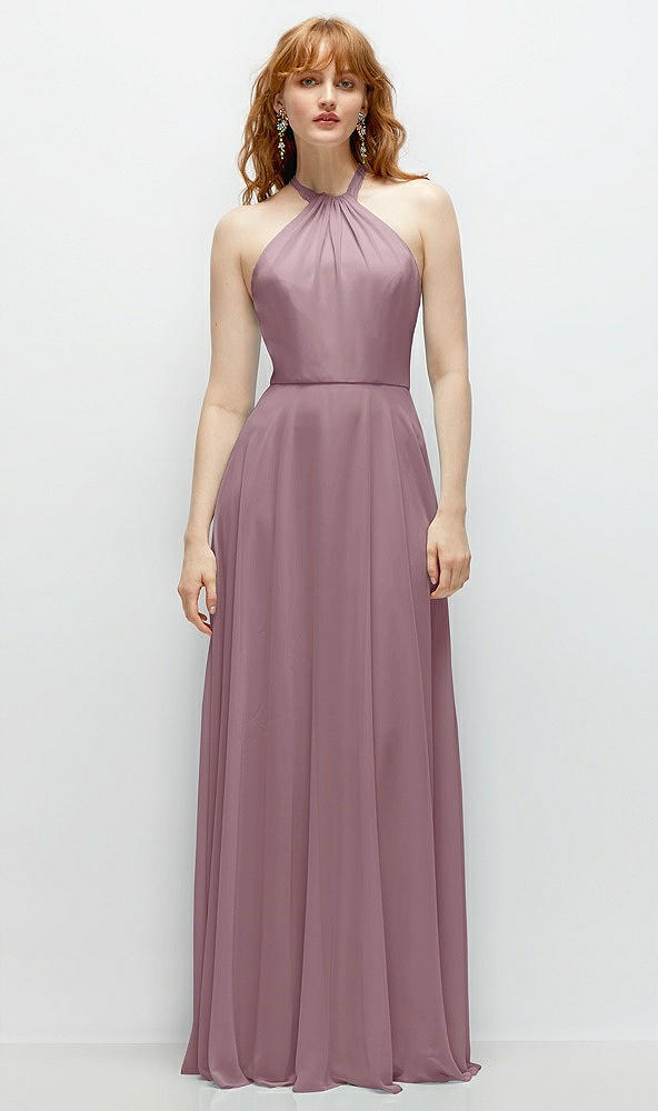 Front View - Dusty Rose Shirred Halter Chiffon Maxi Dress with Back Sash-Tie Closure