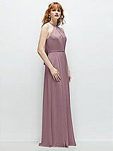 Side View Thumbnail - Dusty Rose Shirred Halter Chiffon Maxi Dress with Back Sash-Tie Closure