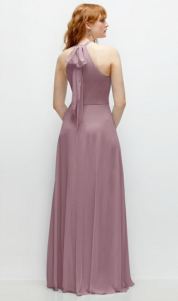 Back View - Dusty Rose Shirred Halter Chiffon Maxi Dress with Back Sash-Tie Closure