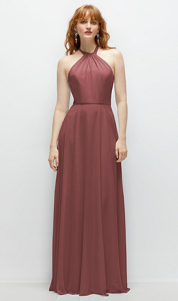 Front View - English Rose Shirred Halter Chiffon Maxi Dress with Back Sash-Tie Closure