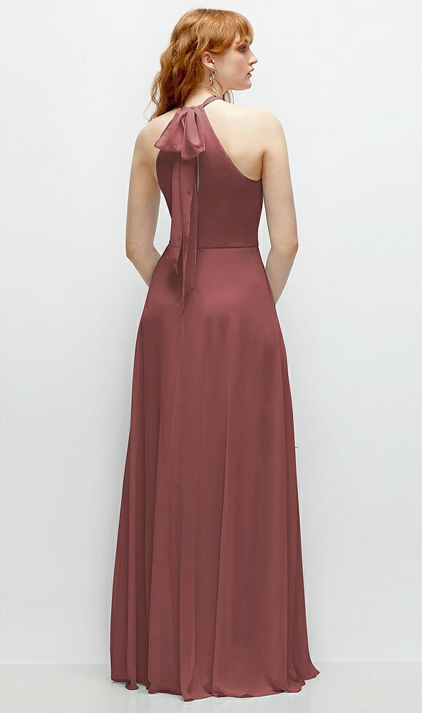 Back View - English Rose Shirred Halter Chiffon Maxi Dress with Back Sash-Tie Closure