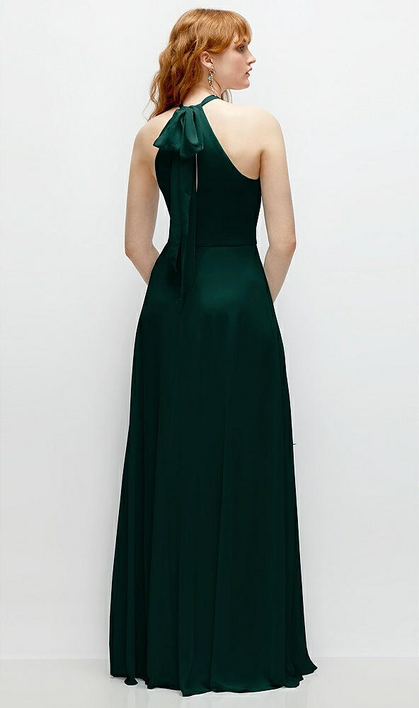 Back View - Evergreen Shirred Halter Chiffon Maxi Dress with Back Sash-Tie Closure