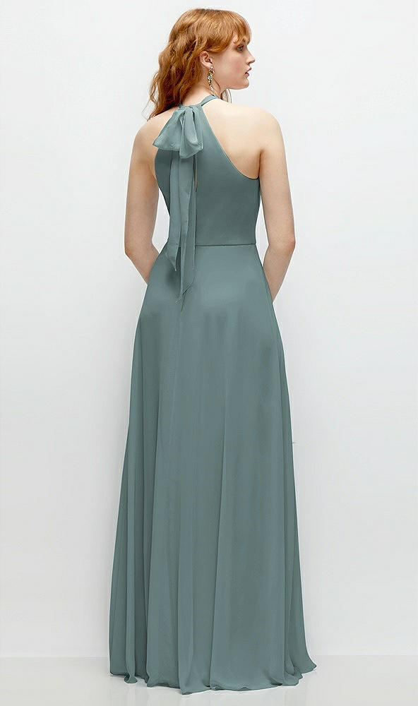 Back View - Icelandic Shirred Halter Chiffon Maxi Dress with Back Sash-Tie Closure