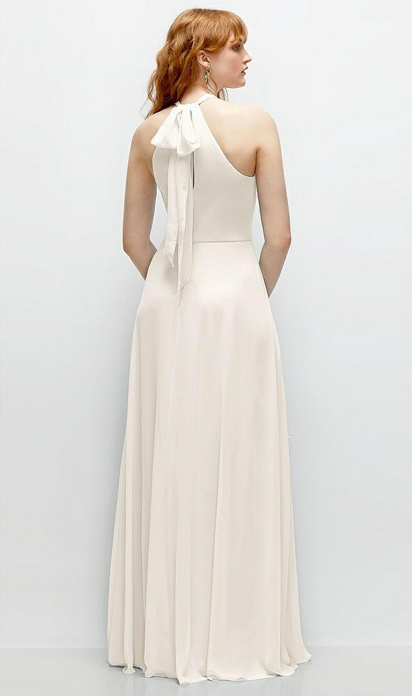 Back View - Ivory Shirred Halter Chiffon Maxi Dress with Back Sash-Tie Closure