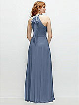 Rear View Thumbnail - Larkspur Blue Shirred Halter Chiffon Maxi Dress with Back Sash-Tie Closure