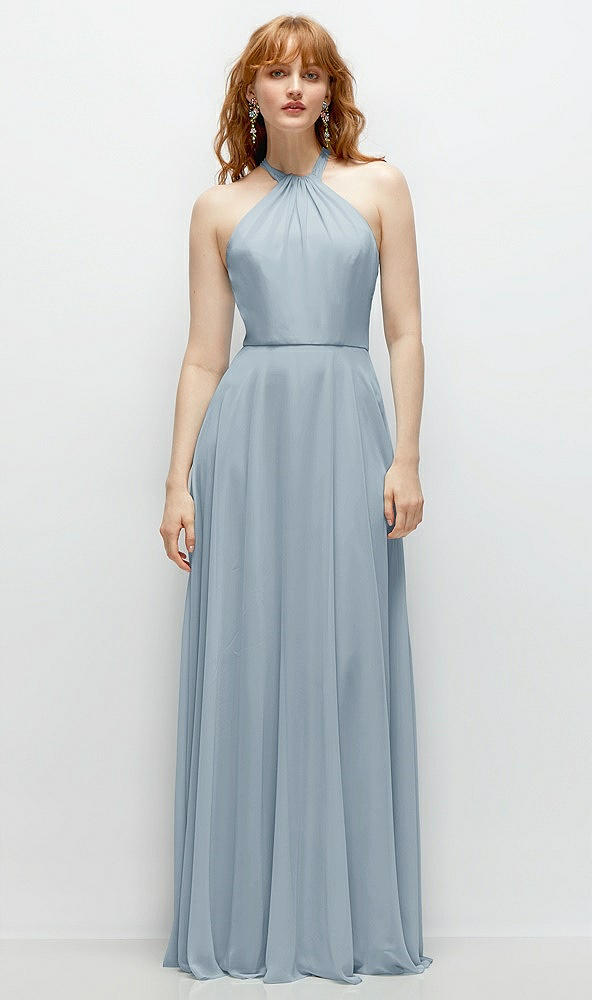 Front View - Mist Shirred Halter Chiffon Maxi Dress with Back Sash-Tie Closure