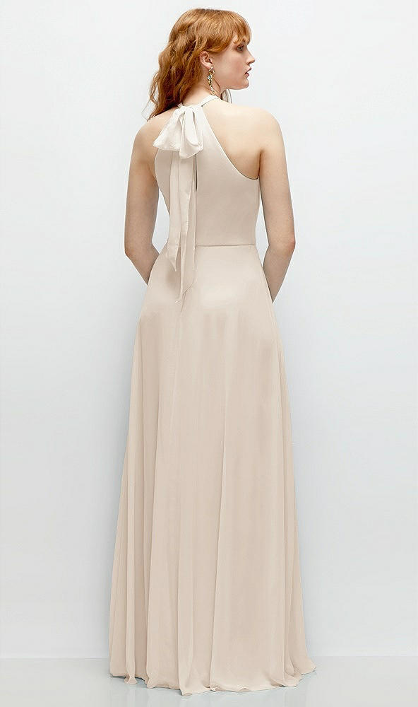 Back View - Oat Shirred Halter Chiffon Maxi Dress with Back Sash-Tie Closure