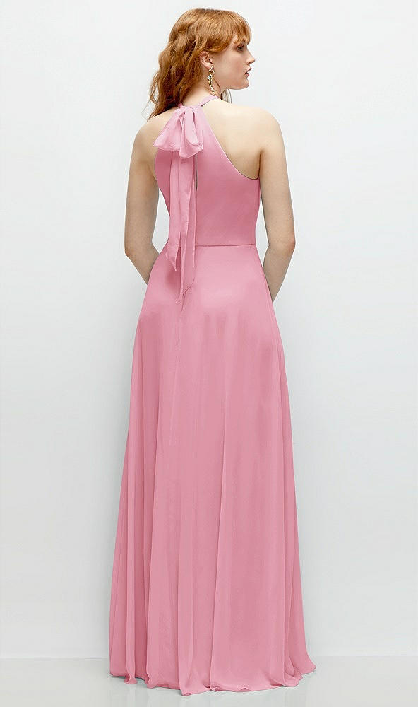 Back View - Peony Pink Shirred Halter Chiffon Maxi Dress with Back Sash-Tie Closure