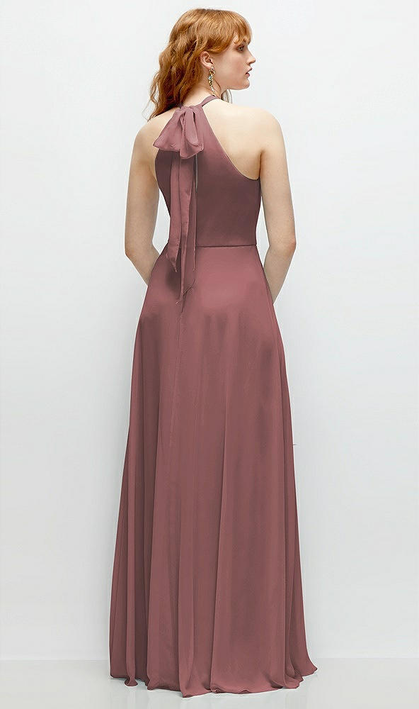 Back View - Rosewood Shirred Halter Chiffon Maxi Dress with Back Sash-Tie Closure