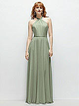 Front View Thumbnail - Sage Shirred Halter Chiffon Maxi Dress with Back Sash-Tie Closure