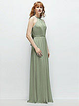 Side View Thumbnail - Sage Shirred Halter Chiffon Maxi Dress with Back Sash-Tie Closure