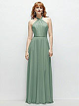 Front View Thumbnail - Seagrass Shirred Halter Chiffon Maxi Dress with Back Sash-Tie Closure