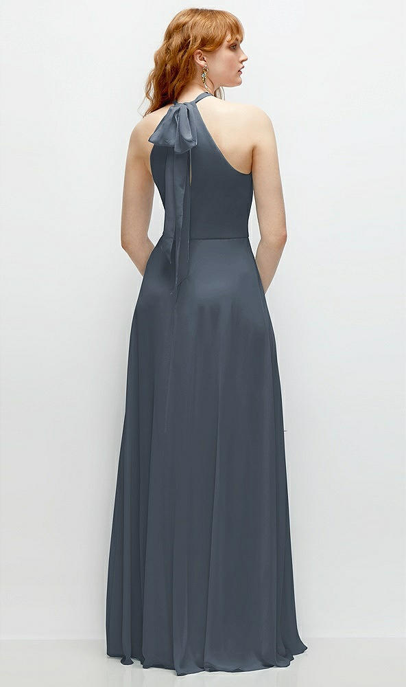 Back View - Silverstone Shirred Halter Chiffon Maxi Dress with Back Sash-Tie Closure