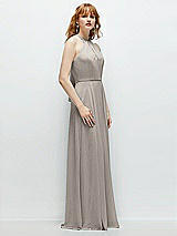 Side View Thumbnail - Taupe Shirred Halter Chiffon Maxi Dress with Back Sash-Tie Closure