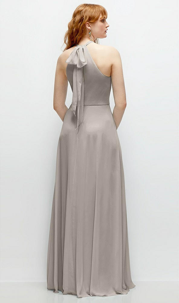 Back View - Taupe Shirred Halter Chiffon Maxi Dress with Back Sash-Tie Closure