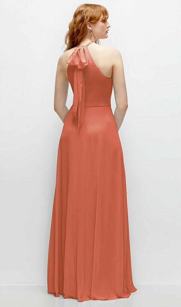 Back View - Terracotta Copper Shirred Halter Chiffon Maxi Dress with Back Sash-Tie Closure