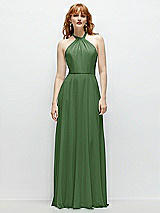 Front View Thumbnail - Vineyard Green Shirred Halter Chiffon Maxi Dress with Back Sash-Tie Closure