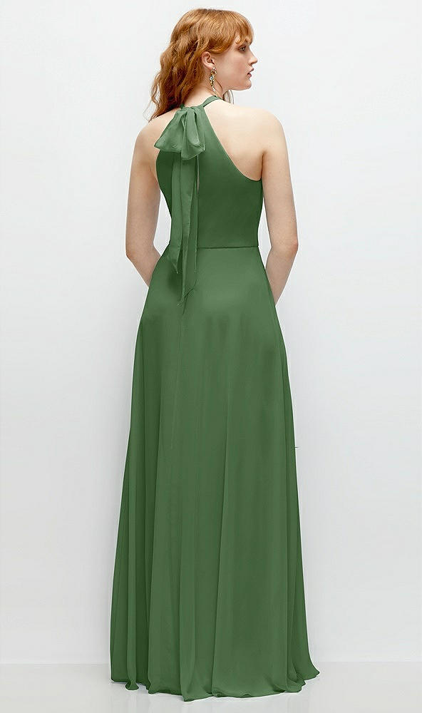 Back View - Vineyard Green Shirred Halter Chiffon Maxi Dress with Back Sash-Tie Closure