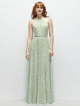 Front View Thumbnail - Vintage Primrose Sage Shirred Halter Chiffon Maxi Dress with Back Sash-Tie Closure